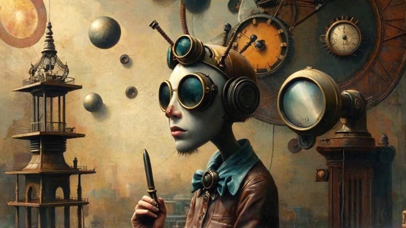 Steampunk Figure Amidst Machinery and Celestial Orbs