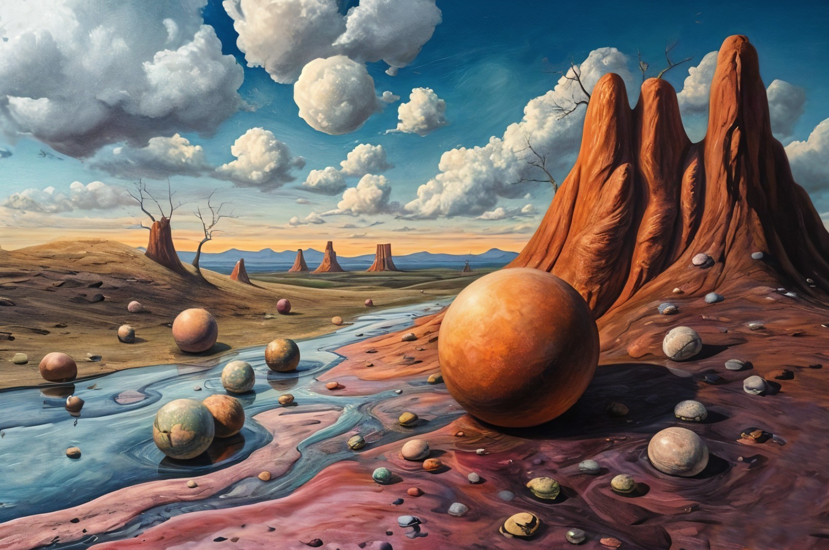 Surreal Landscape with Reddish Rocks and Colorful Spheres