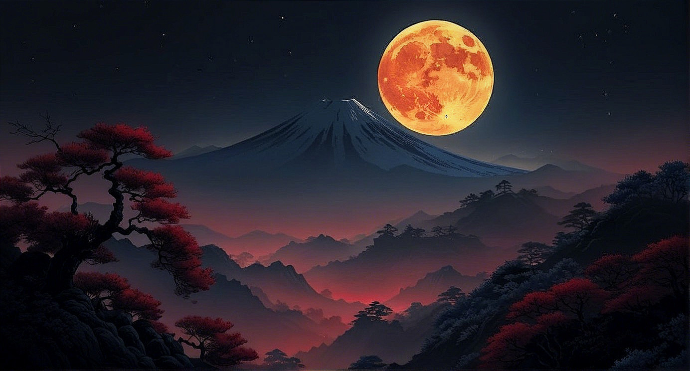Majestic Mountain Under Full Moon and Starry Sky