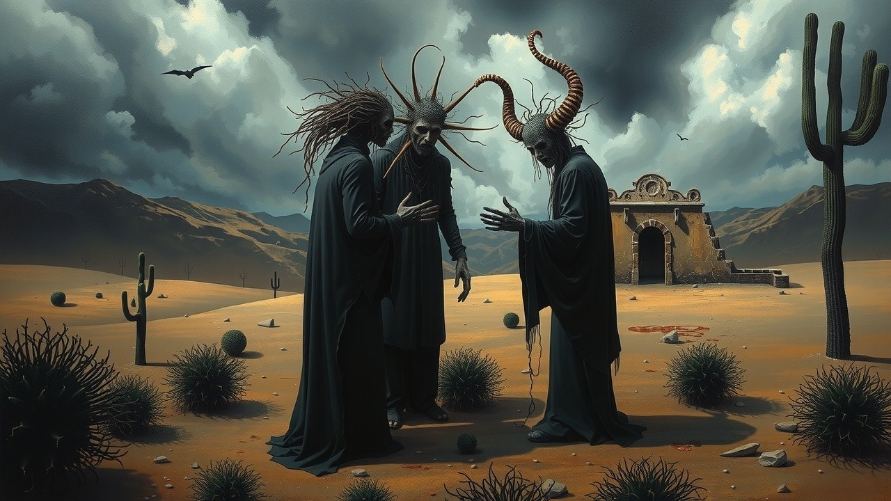 Surreal Desert Gathering of Eerie Hooded Figures