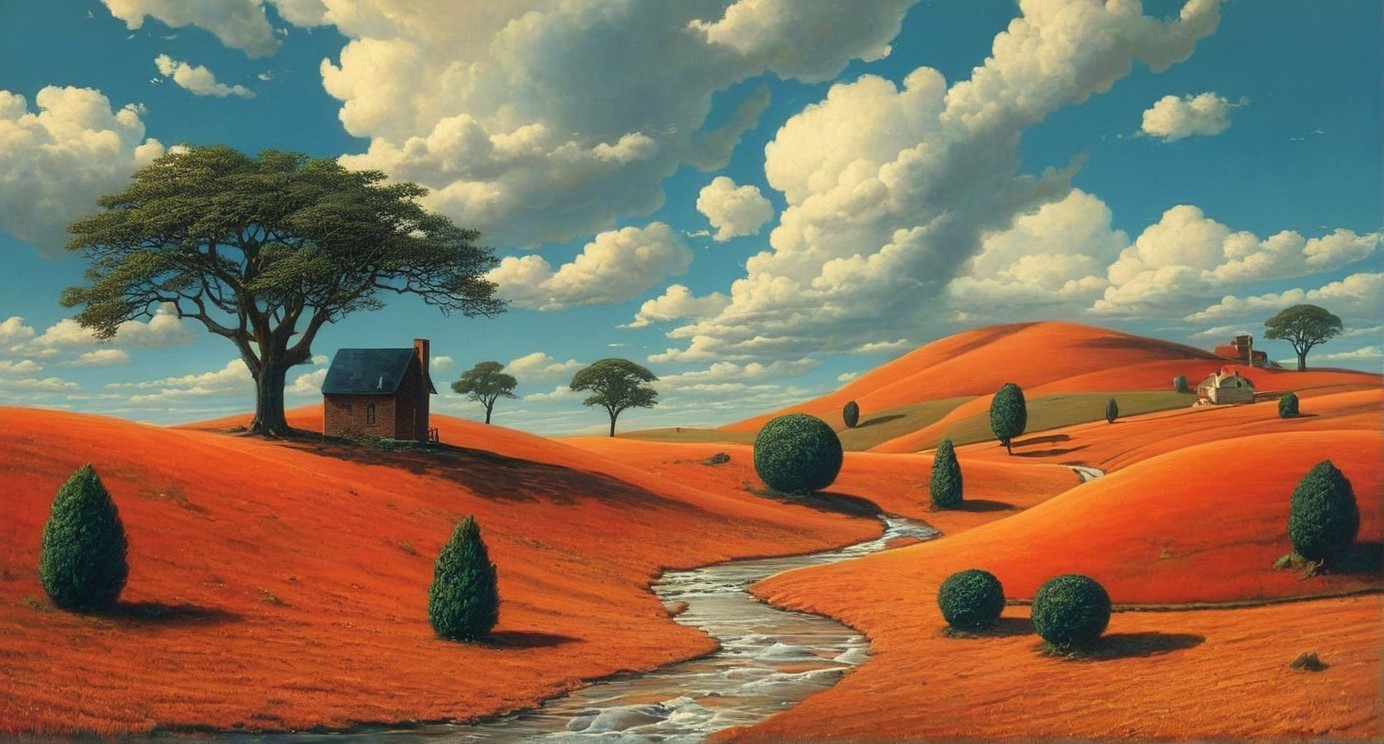 Vibrant Landscape with Hills, Stream, and Quaint House