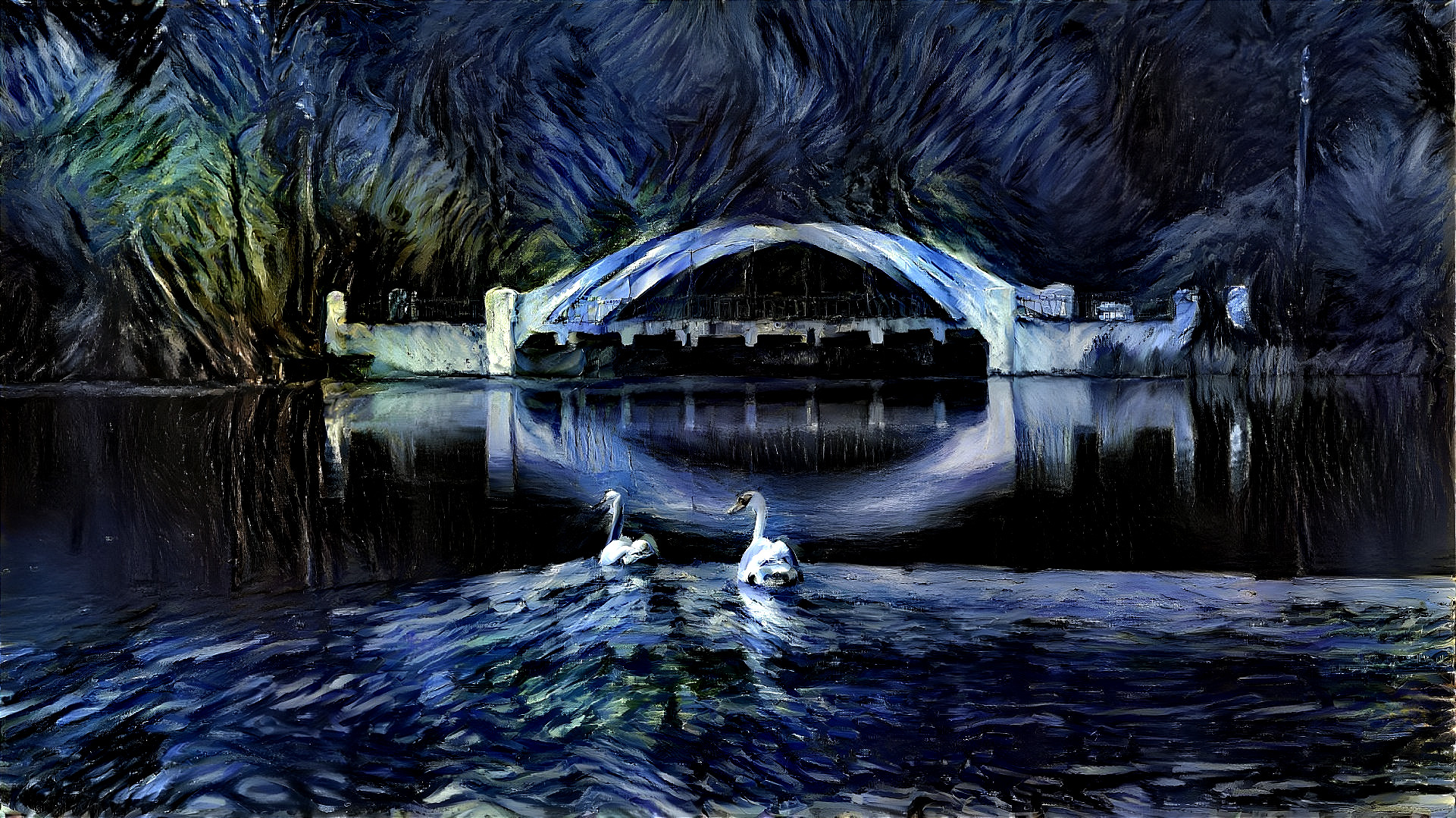 Serene Nighttime Scene with Swans and Illuminated Bridge