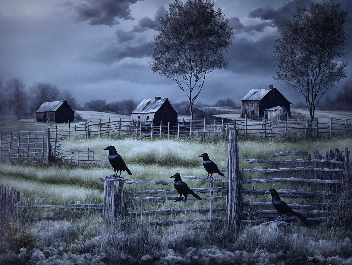 Twilight Rural Landscape with Barns and Crows