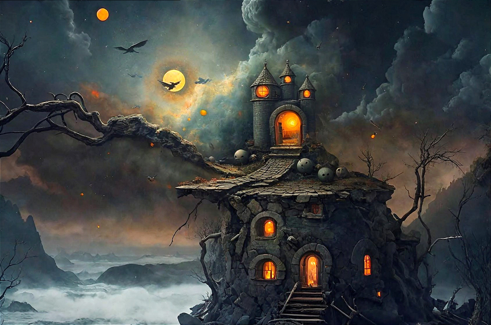 Surreal Landscape with Whimsical Castle and Moonlight