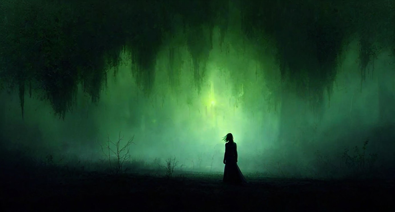 Solitary Figure in Mysterious Green Light Landscape