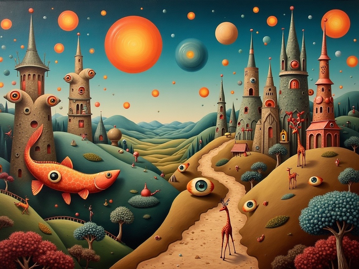 Whimsical Landscape with Colorful Castles and Animals
