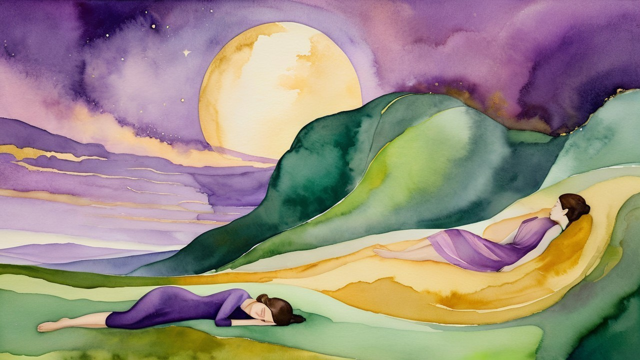 Watercolor Scene of Women on Colorful Hills at Night