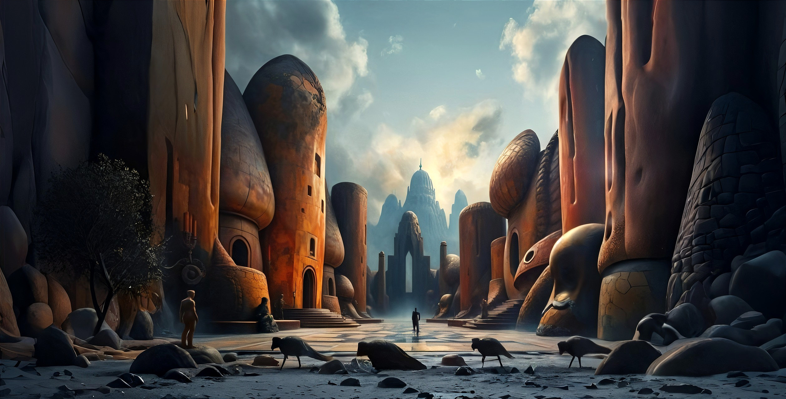 Surreal Landscape with Organic Structures and Mountains
