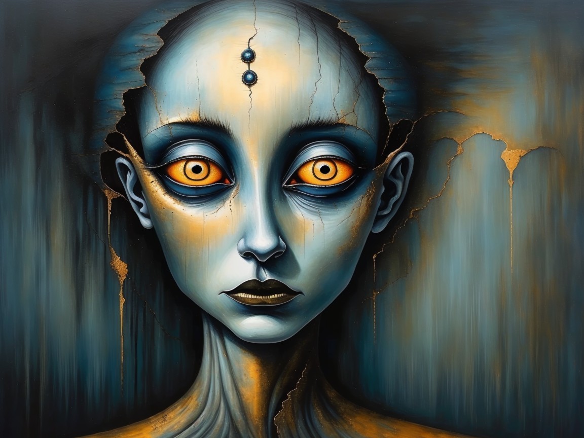 Humanoid Figure with Elongated Neck and Golden Eyes
