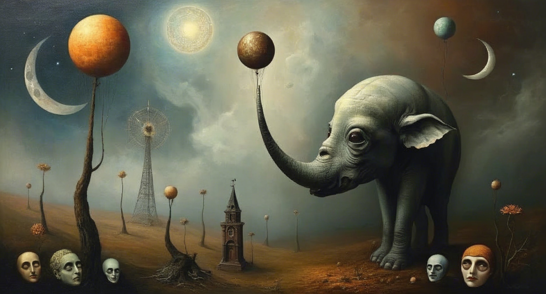 Surreal Landscape with Elephant and Celestial Bodies