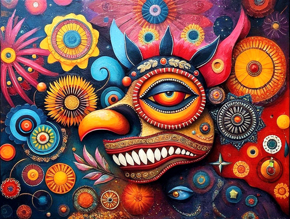 Vibrant Mask Artwork with Floral and Circular Patterns