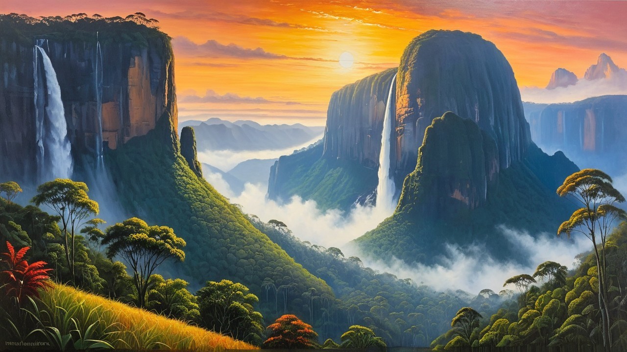 Majestic Mountain Landscape with Waterfalls and Sunlight
