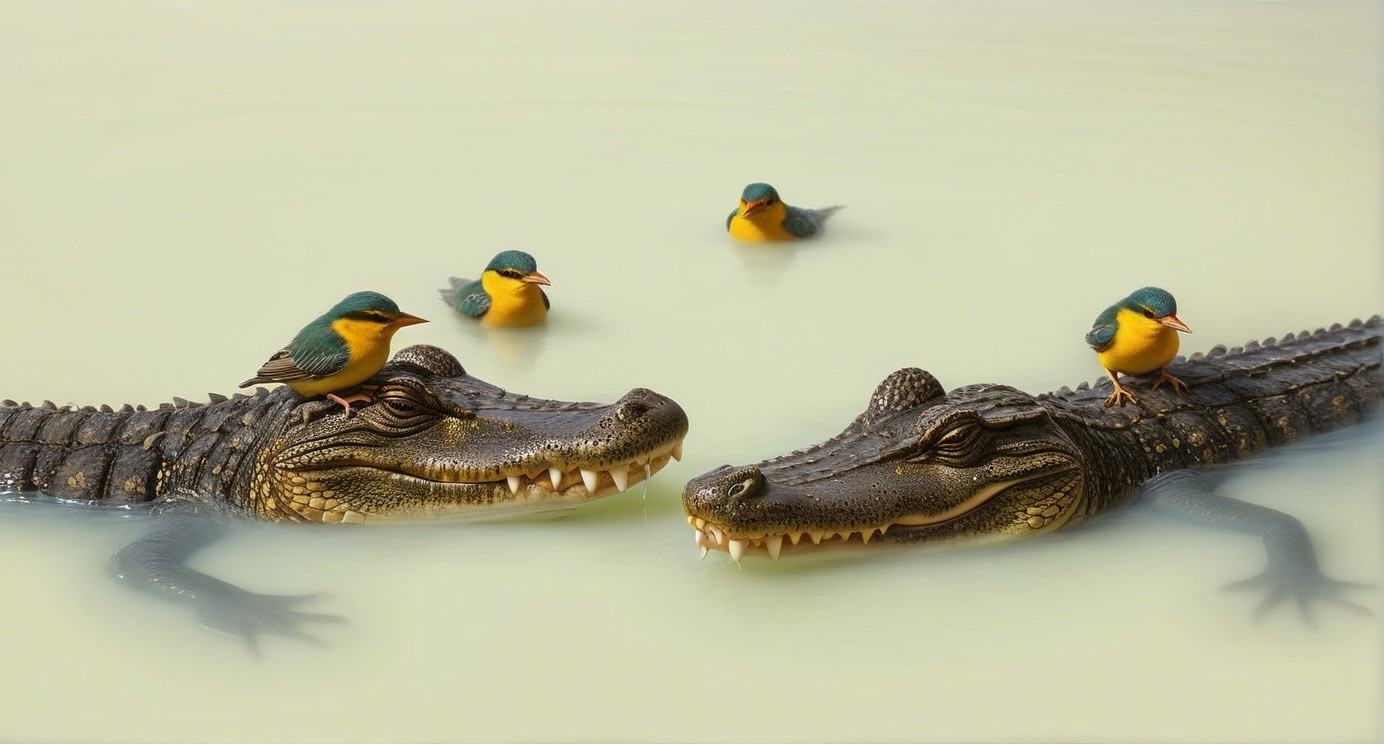 Crocodiles with Kingfishers in Serene Water Scene