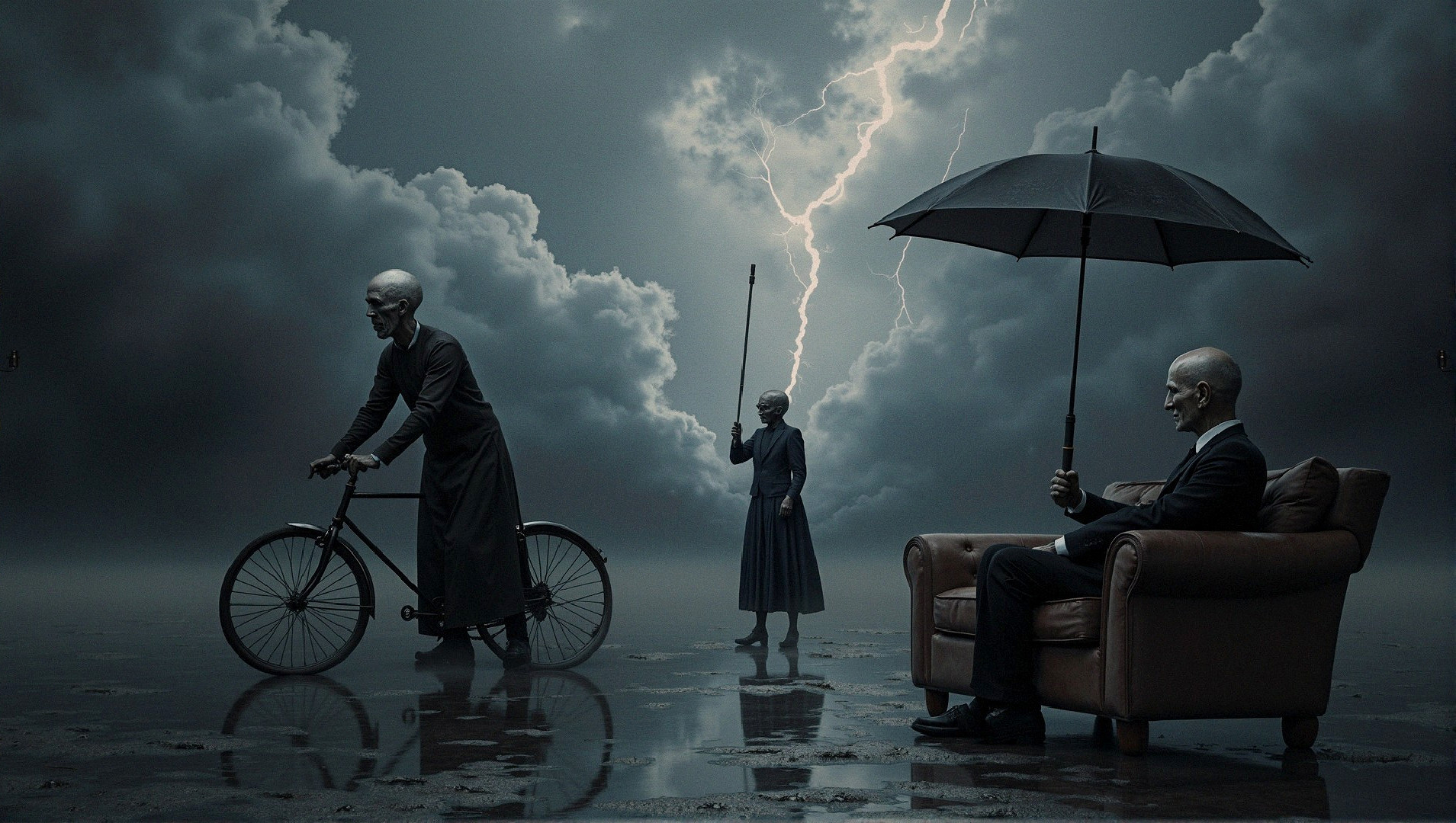Surreal Landscape with Three Distinct Figures