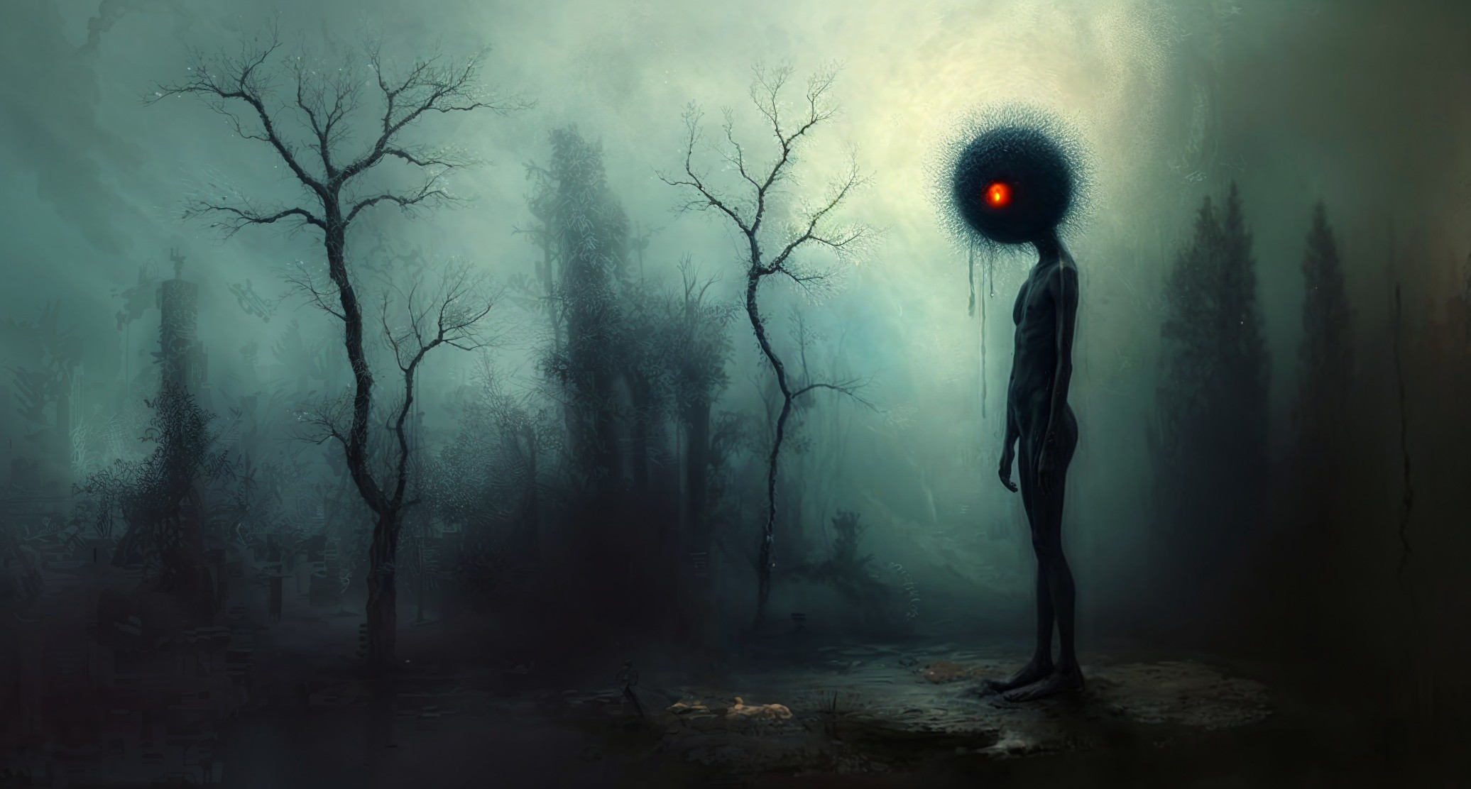 Eerie Landscape with Humanoid Figure and Fog