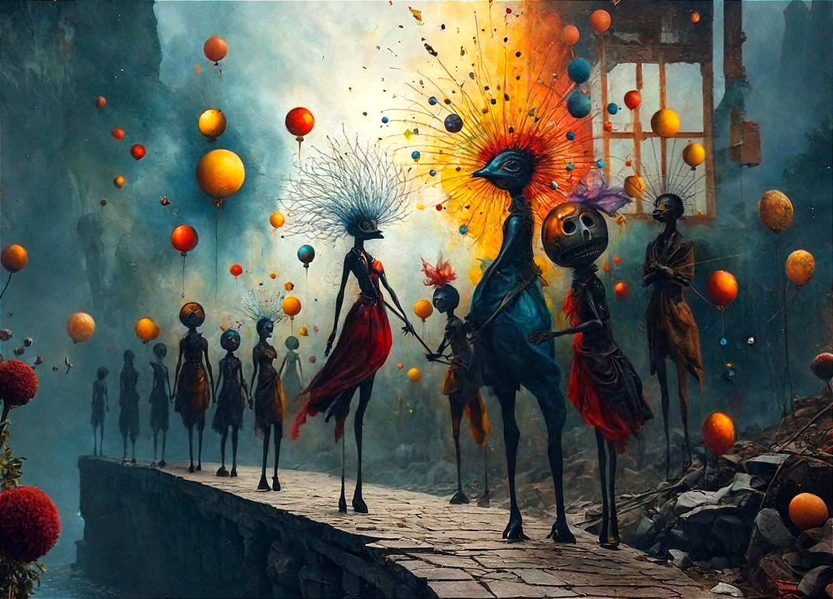 Surreal Landscape with Whimsical Figures and Balloons