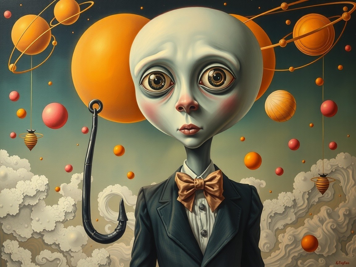 Stylized Alien Figure in Formal Suit with Surreal Background