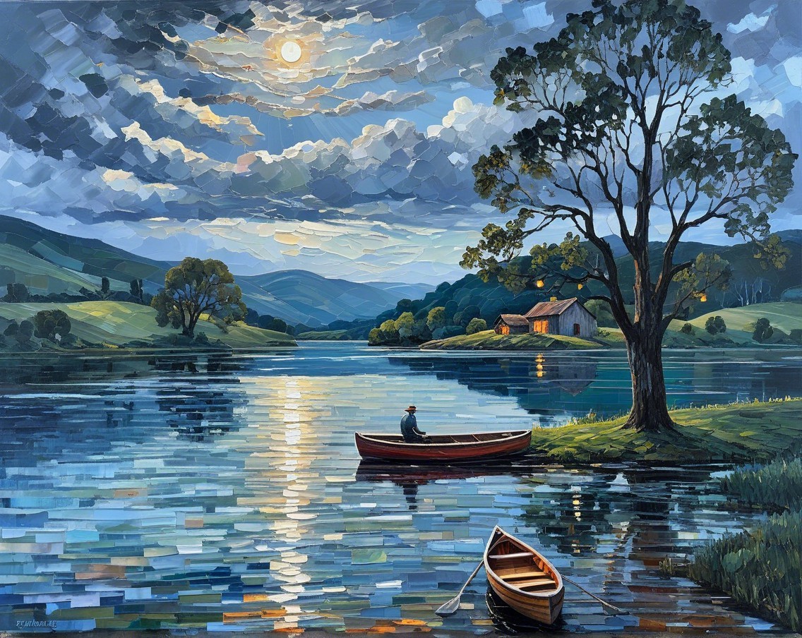 Serene Dusk Landscape with Lake and Boats