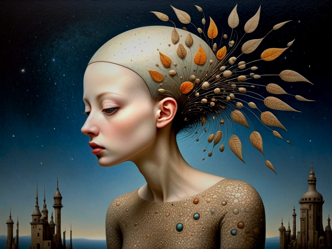 Surreal Portrait of a Young Woman with Autumn Leaves