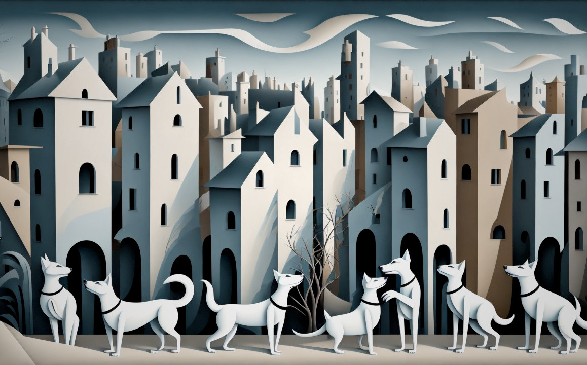 Stylized gray cityscape with playful dogs in poses