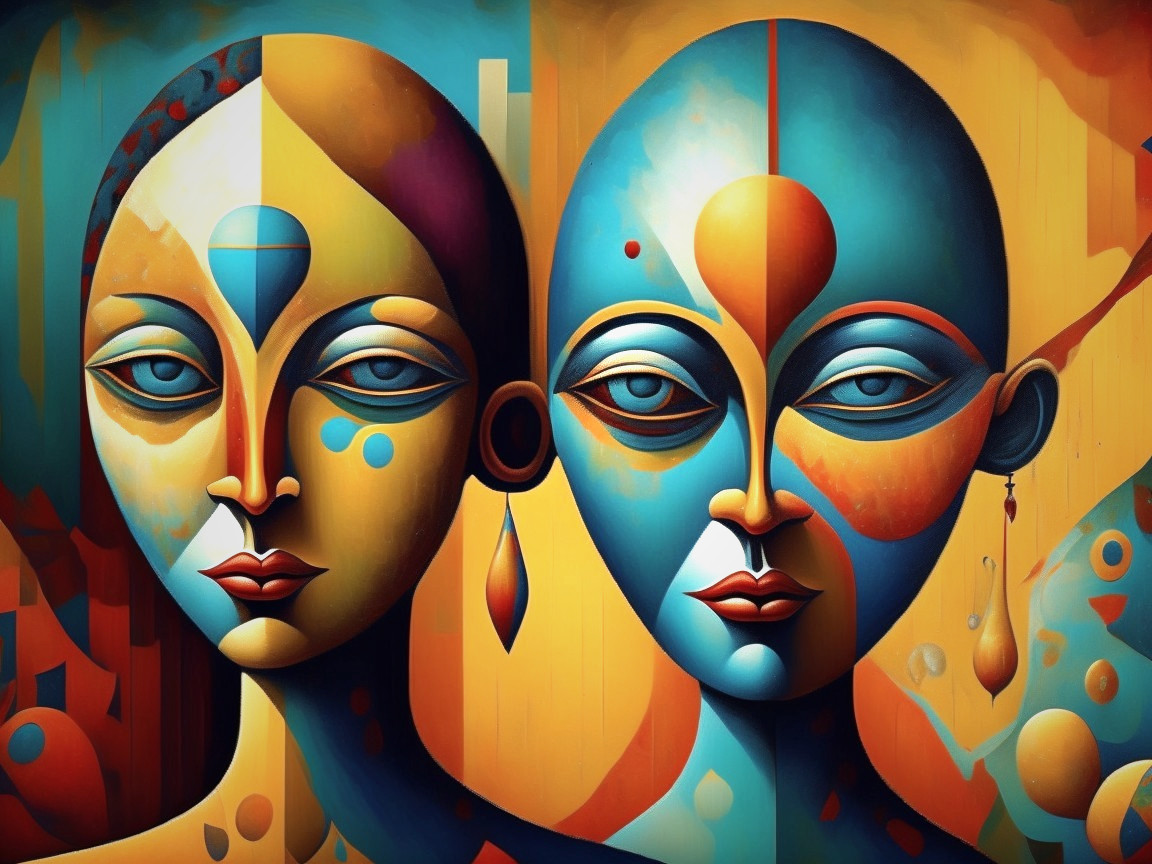 Abstract Figures with Symmetrical Faces and Vivid Colors