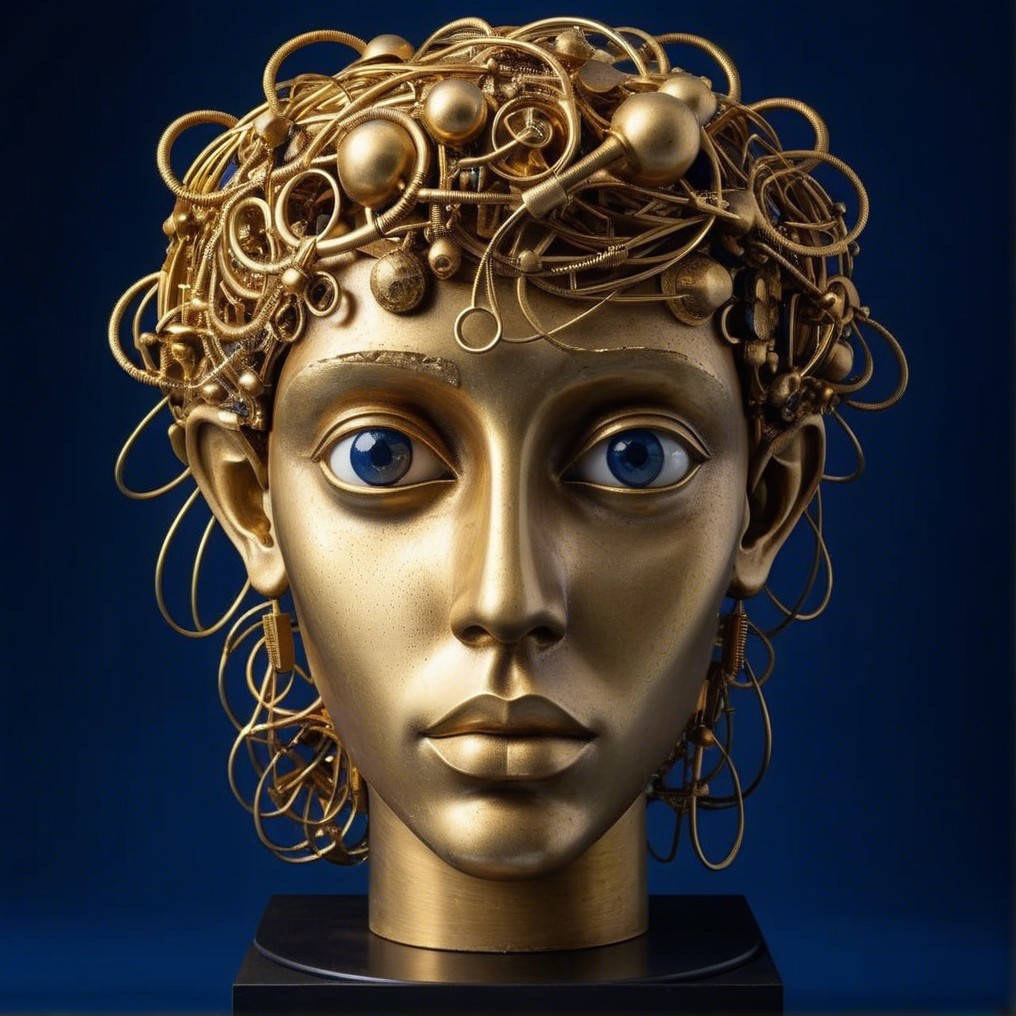 Gold-Hued Sculpture with Metallic Hair and Blue Eyes