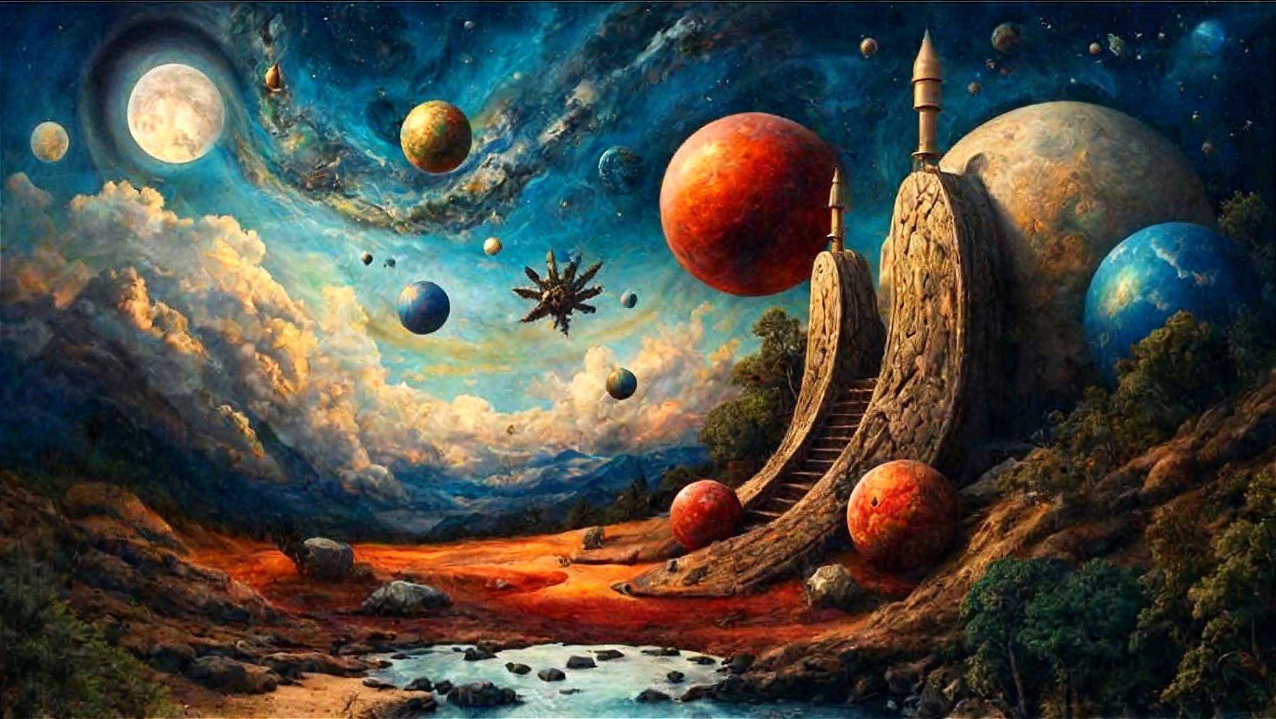 Surreal Landscape with Celestial Bodies and Structures