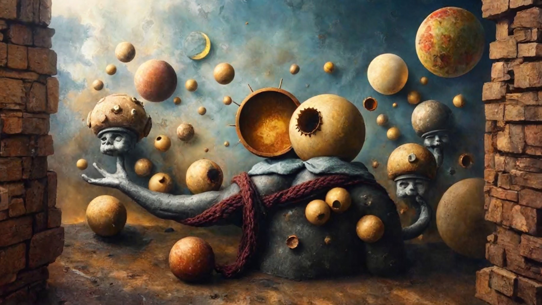Surreal Landscape with Textured Figure and Celestial Elements