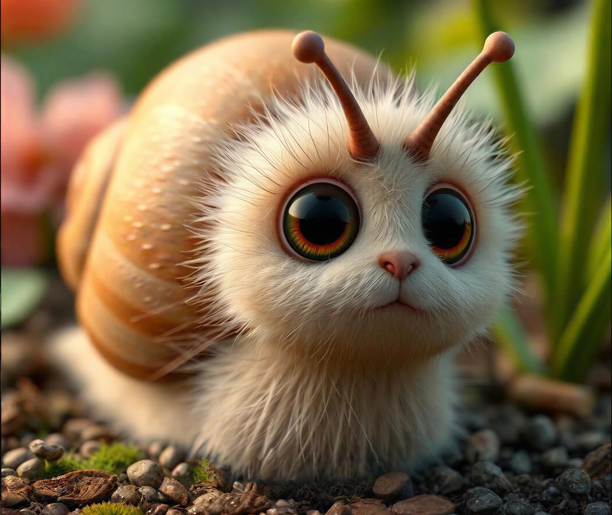 Whimsical Furry Snail in a Vibrant Garden Setting