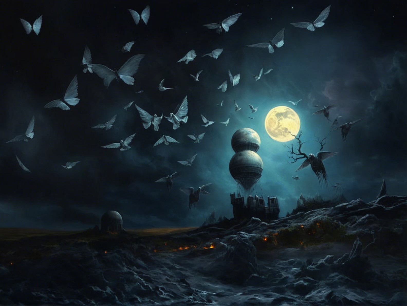 Mystical Night Scene with Moonlit Castle and Moths