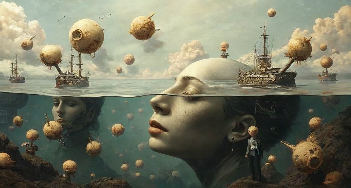 Surreal Underwater Scene with Floating Spheres and Ships