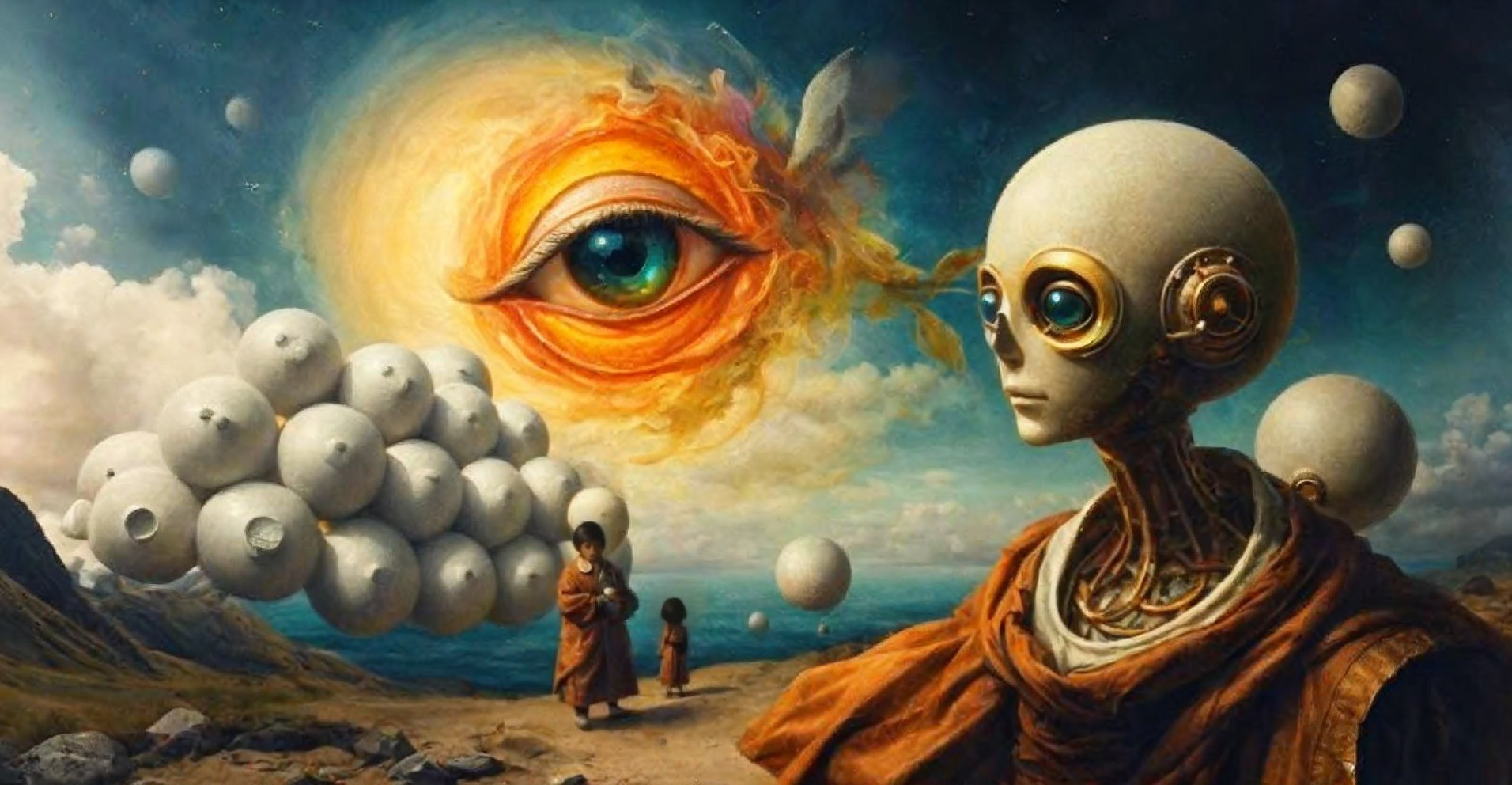Surreal landscape with humanoid figure and fiery eye