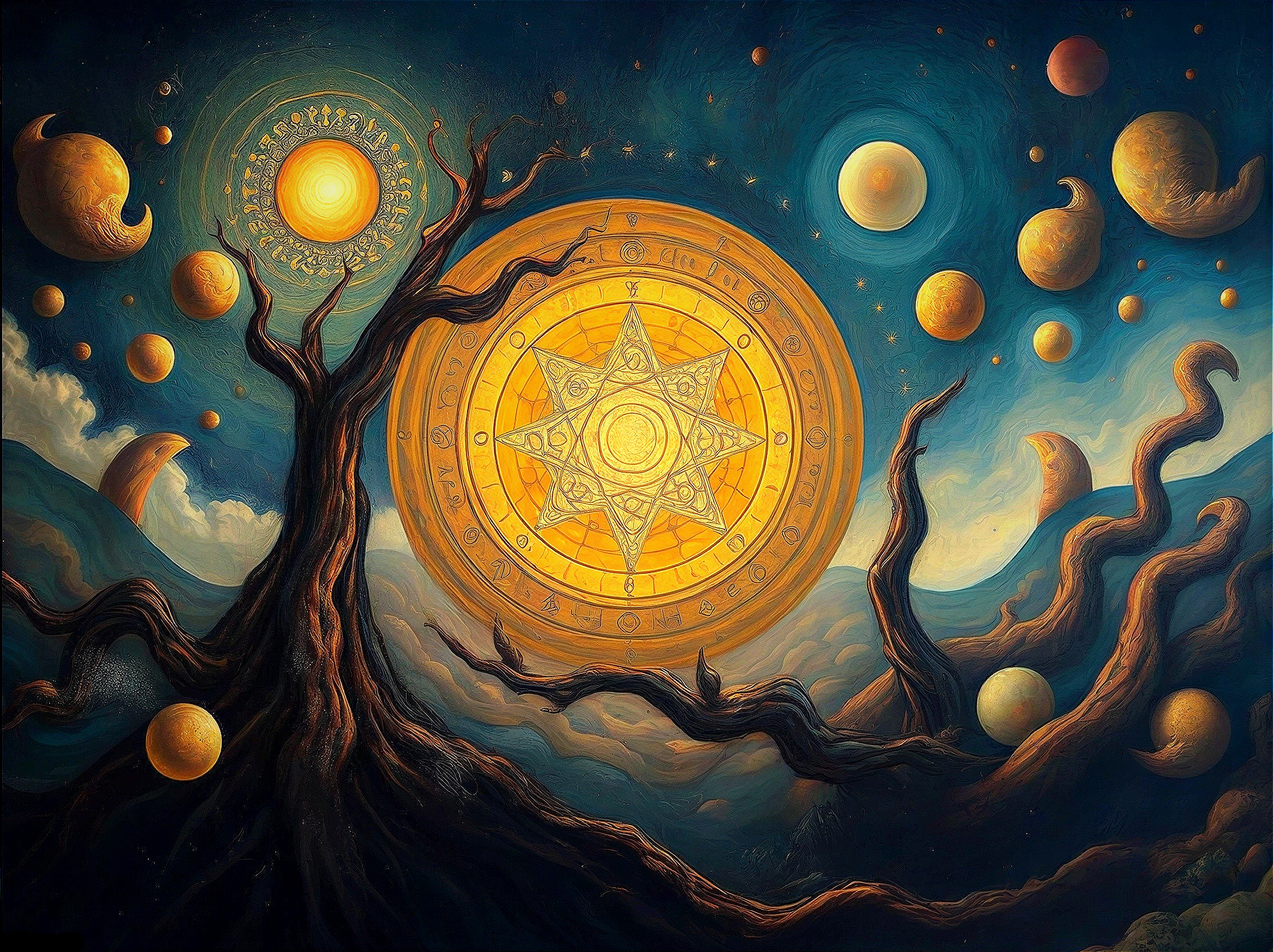 Surreal Cosmic Landscape with Golden Sun and Celestial Bodies
