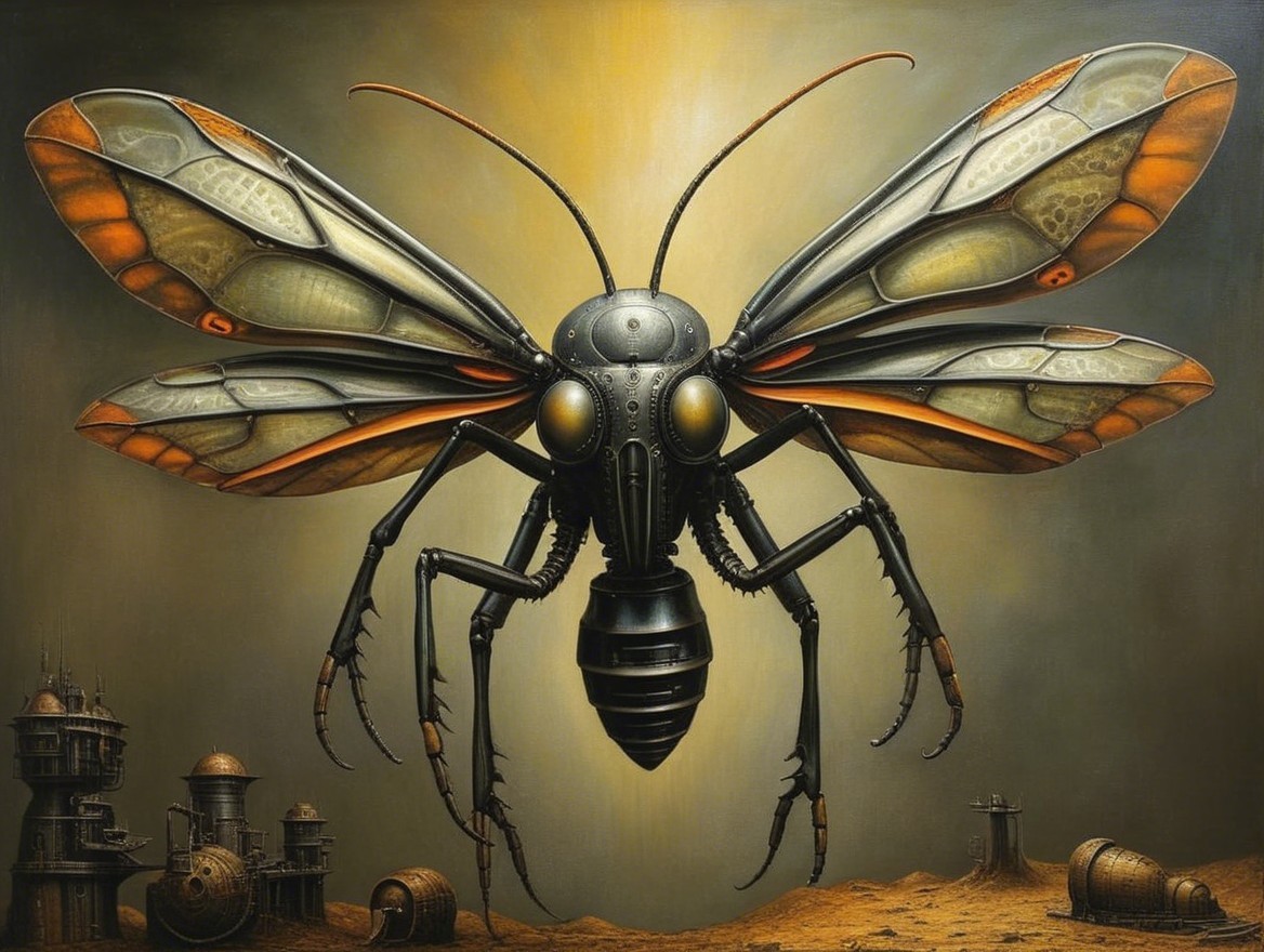 Futuristic Mechanized Bee in Post-Apocalyptic Landscape