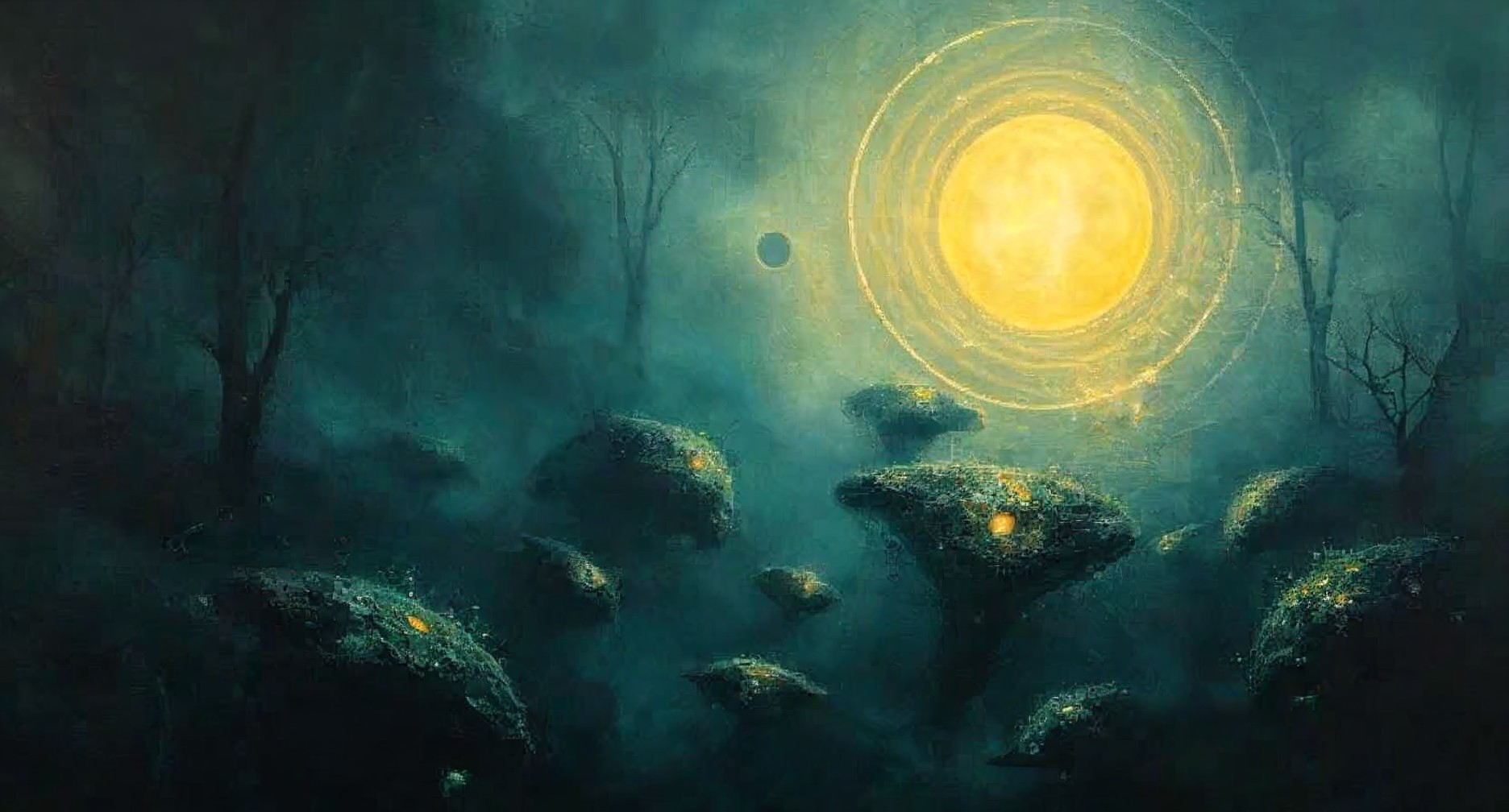 Mushroom Structures in a Mystical Foggy Landscape