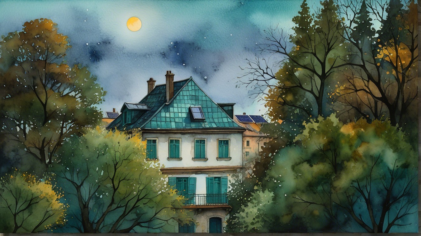Charming House with Teal Roof Surrounded by Trees