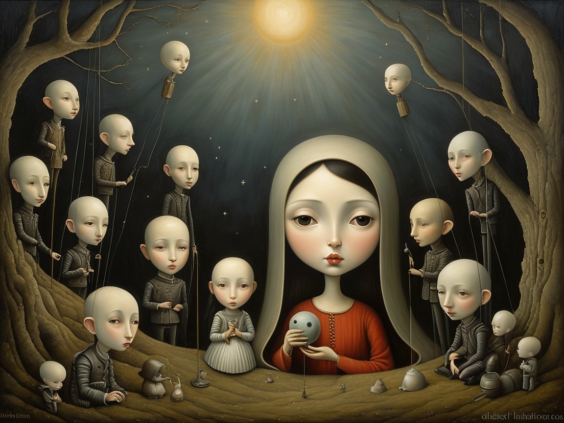 Girl with Blue Sphere Surrounded by Puppet Figures