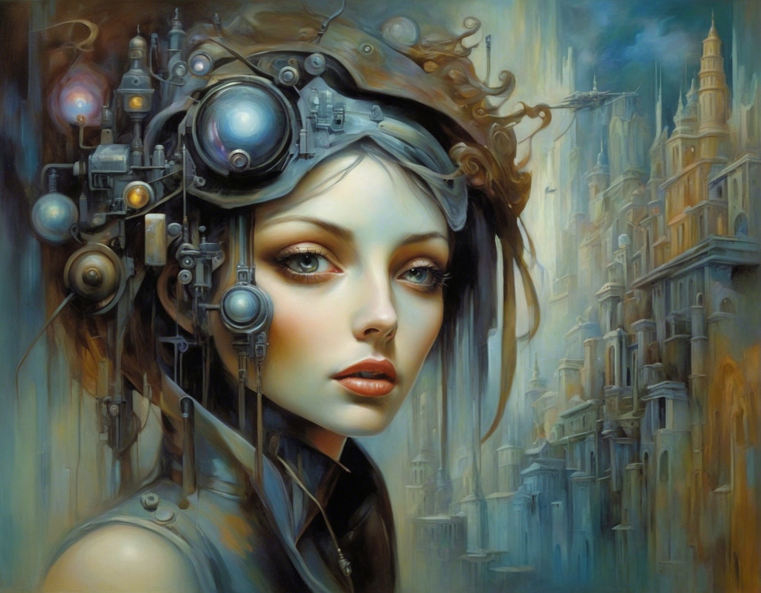 Surreal Portrait of a Young Woman in Steampunk Setting