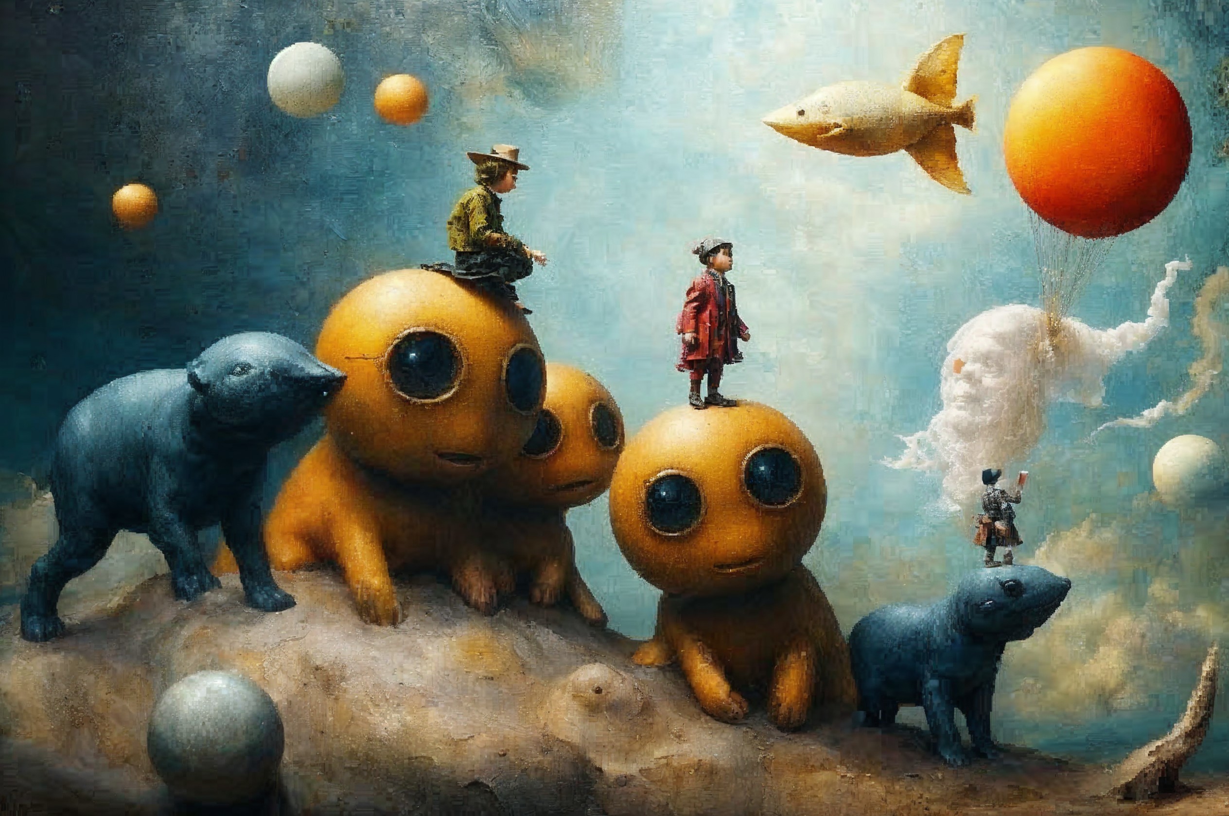 Whimsical Creatures in a Surreal Colorful Landscape