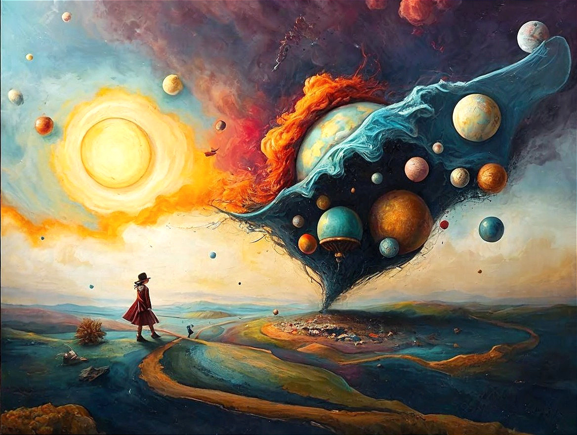 Surreal Landscape with Figure and Cosmic Elements
