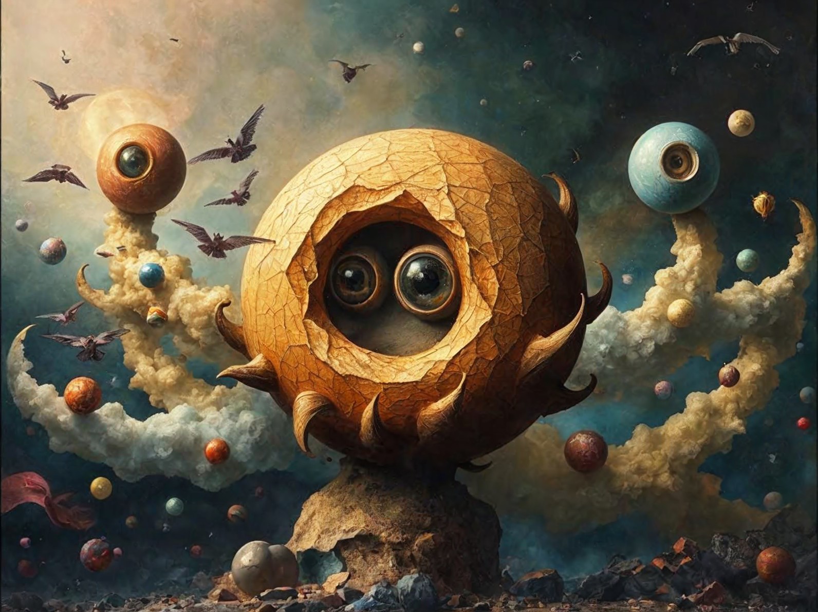 Surreal landscape with eye-like structure and orbs