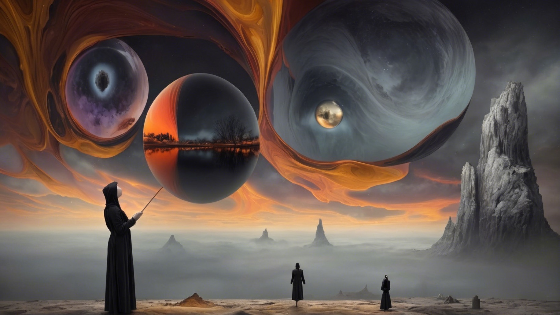 Surreal Landscape with Cloaked Figures and Celestial Orbs