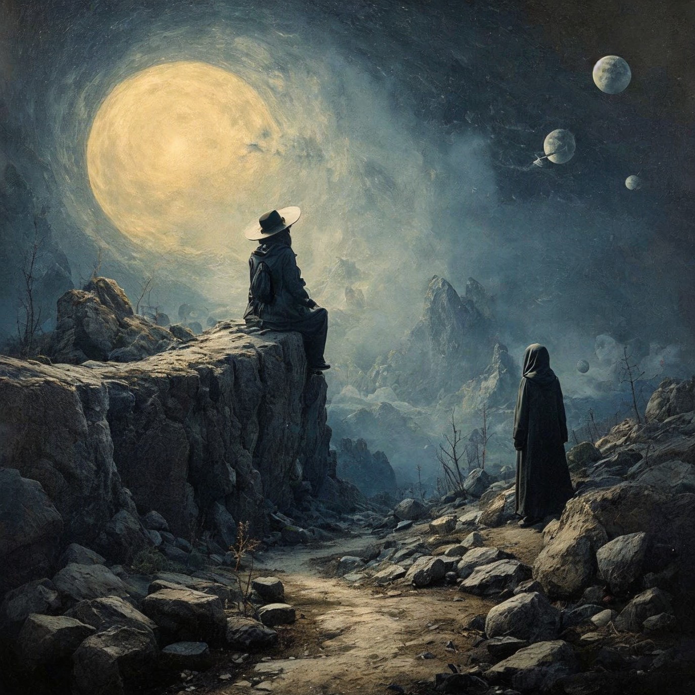 Surreal Landscape with Figures and Cosmic Elements