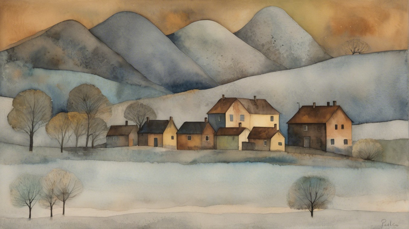 Serene Landscape with Quaint Houses and Rolling Hills