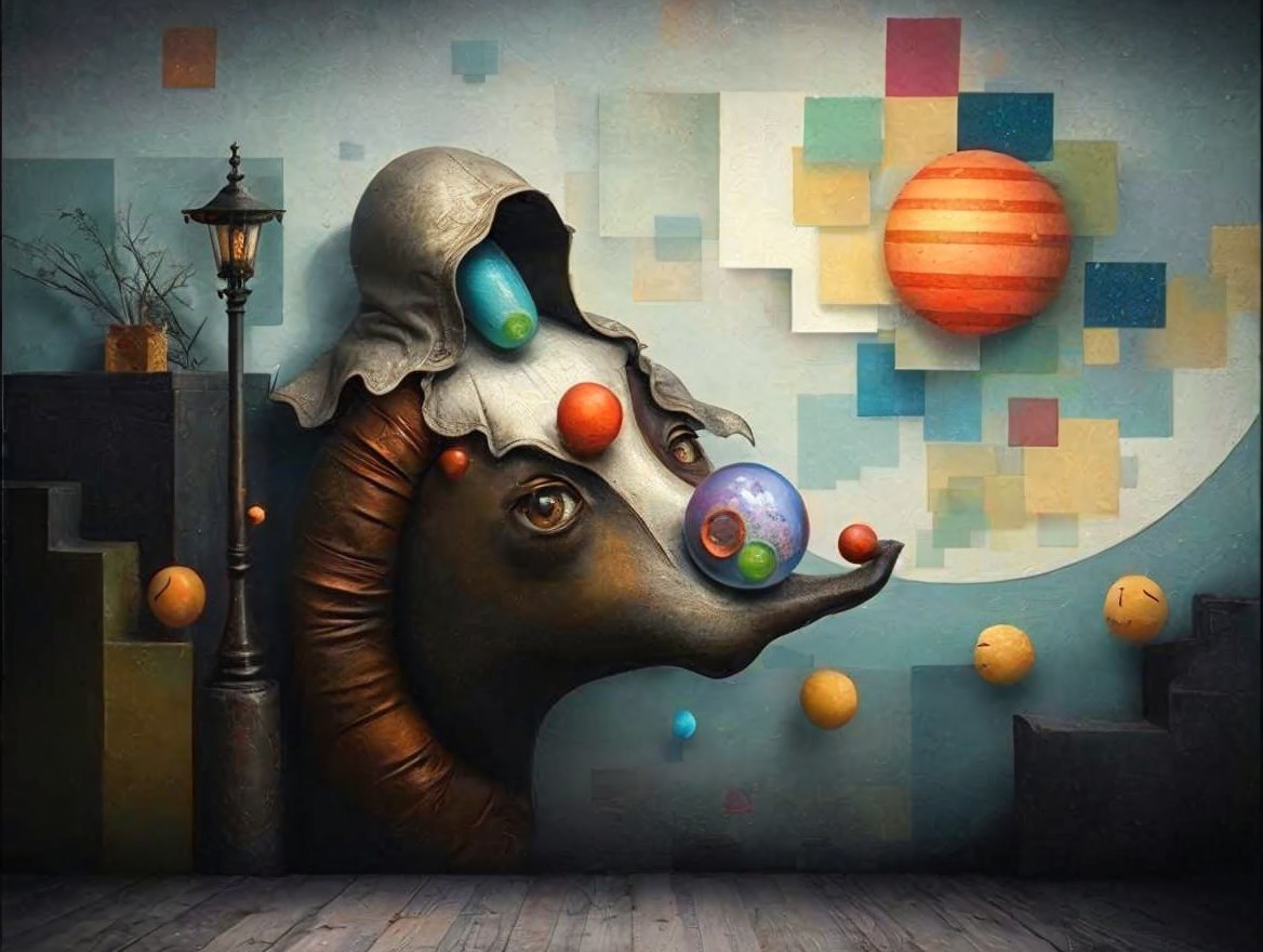 Surreal Head with Hood and Colorful Orbiting Spheres