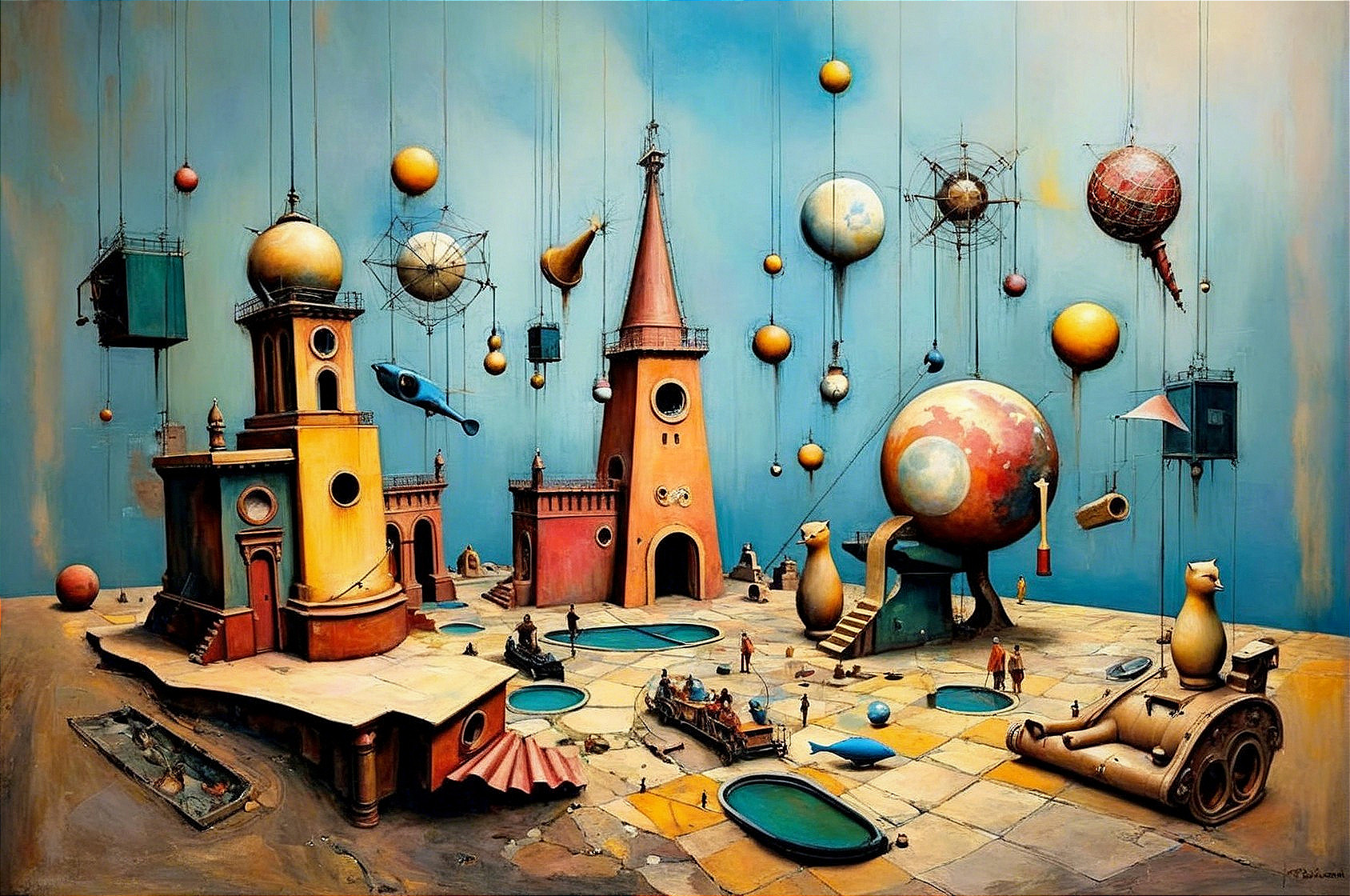 Surreal Landscape with Whimsical Architecture and Animals