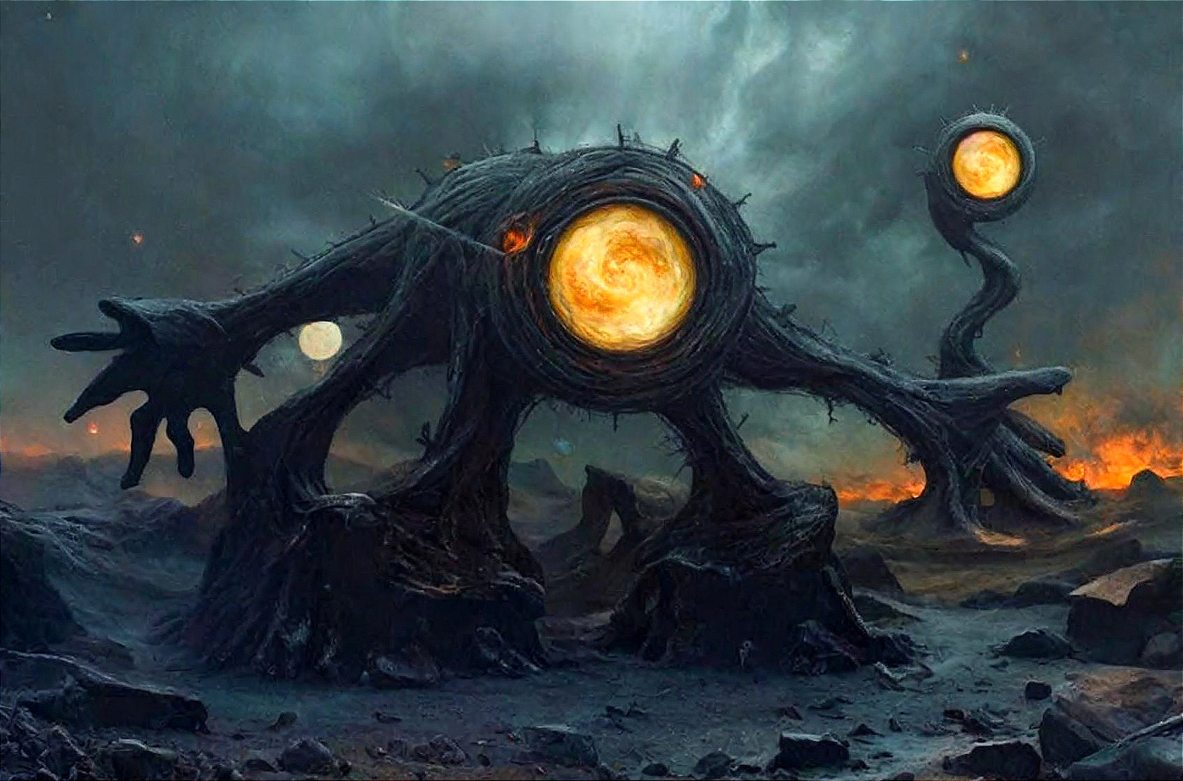 Surreal Alien Landscape with Twisted Vegetation Figure