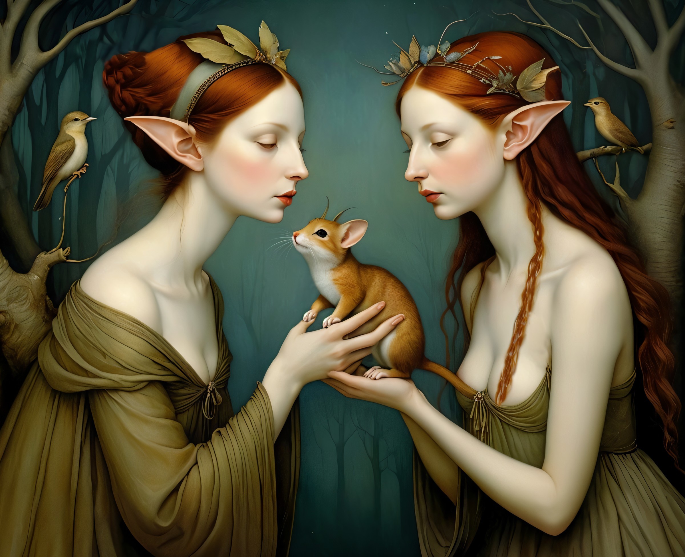 Ethereal Elf-like Women in a Mystical Forest Scene