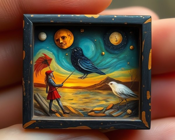 Miniature Scene of Figure with Umbrella by Shore