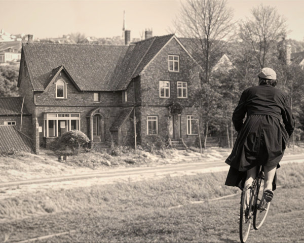 Cyclist on Scenic Path with Charming House Background